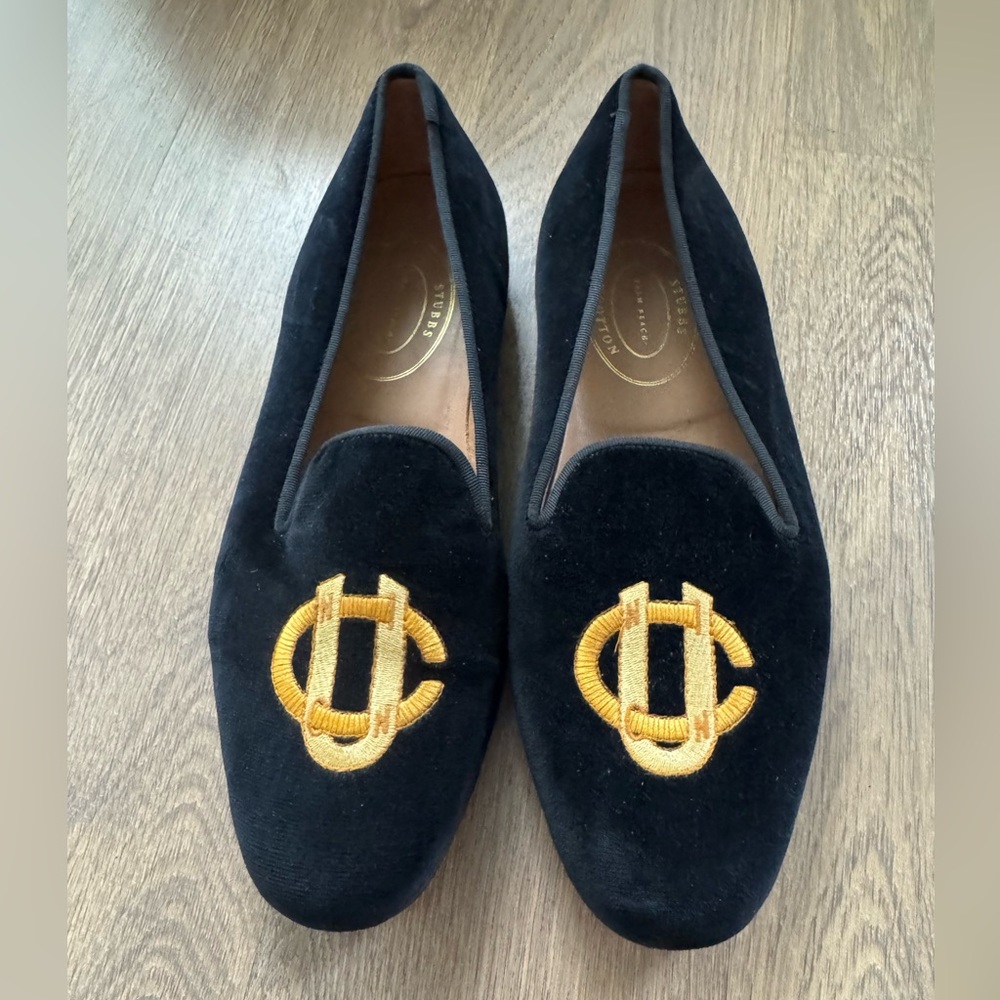Stubbs & Wootton Black and Gold Loafers Luxurious Velvet Slip-Ons
